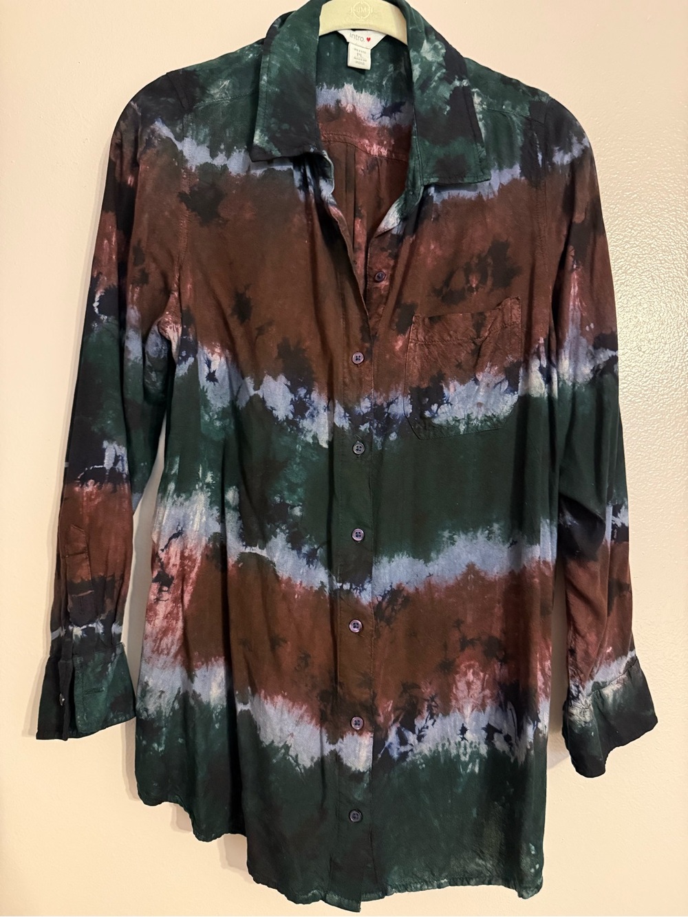 intro. Tie-Dye Long Sleeve Button-Down Shirt in Green, Brown & White